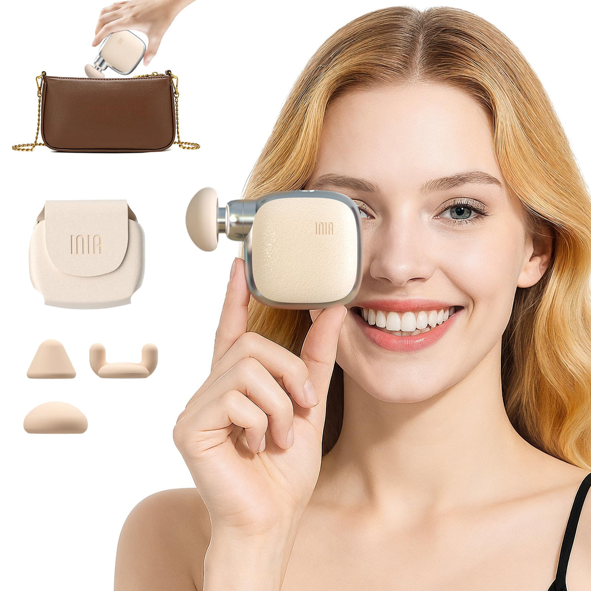 INIA PocketForce Mini Massage Gun in palm-size for easy on-the-go relief.