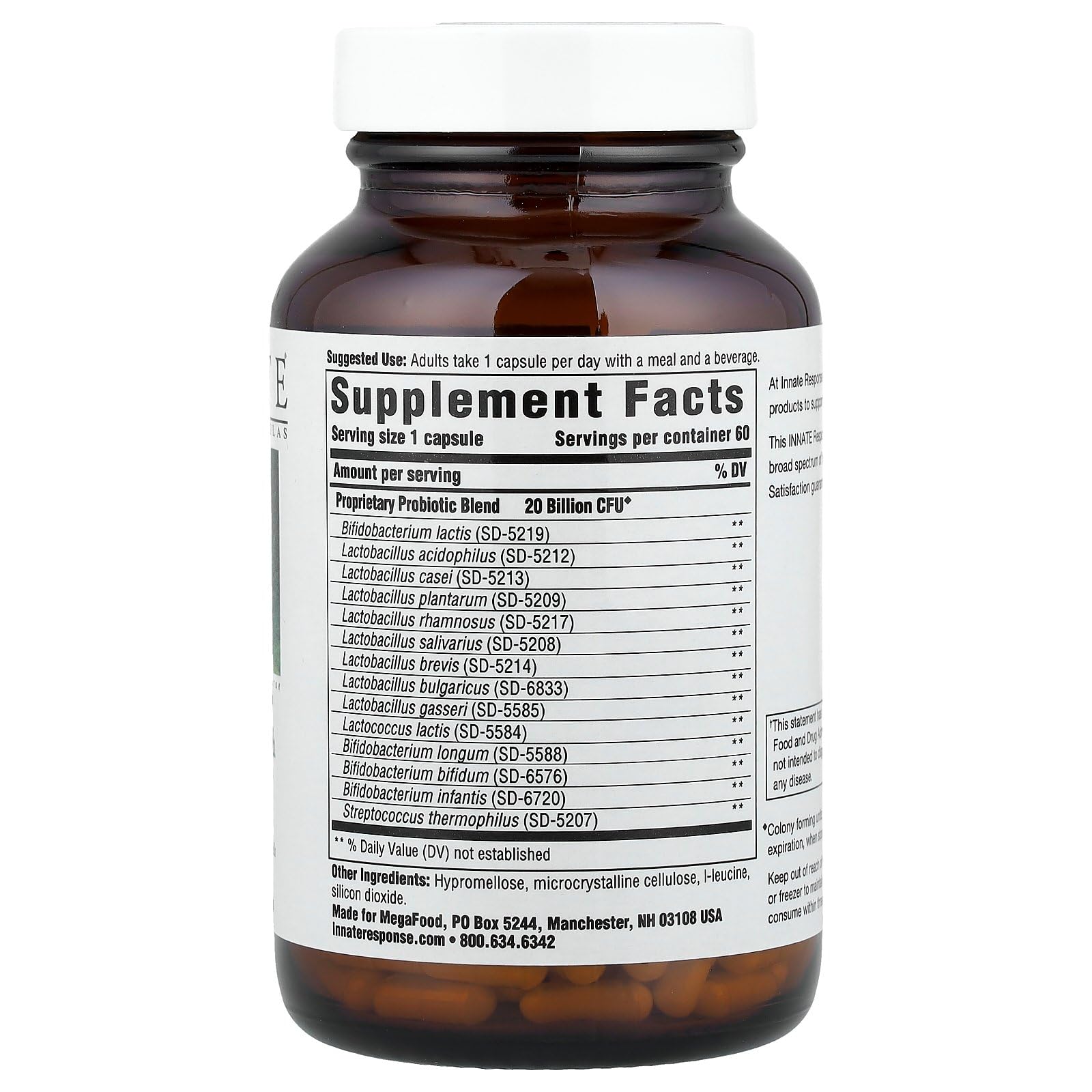 Innate Response Flora 20-14 Ultra capsules close-up showing 20B CFU across 14 strains.