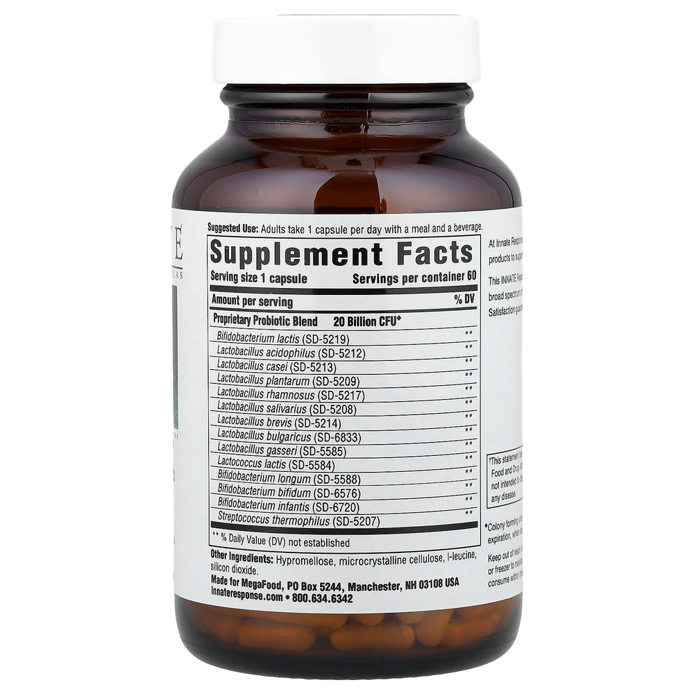 Innate Response Flora 20-14 Ultra capsules close-up showing 20B CFU across 14 strains.