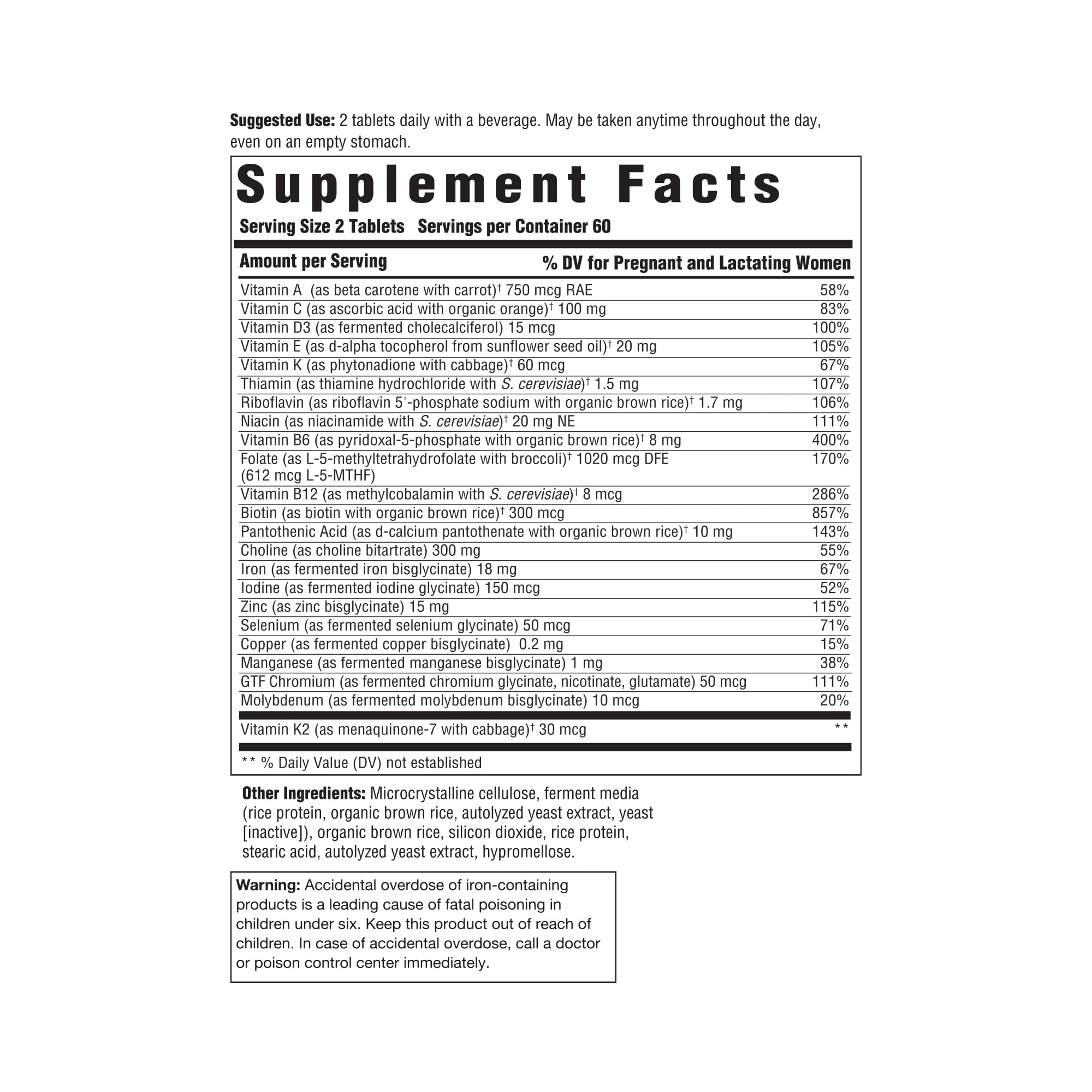 Closeup of Innate Response Baby & Me Multivitamin tablets highlighting methylfolate and choline.