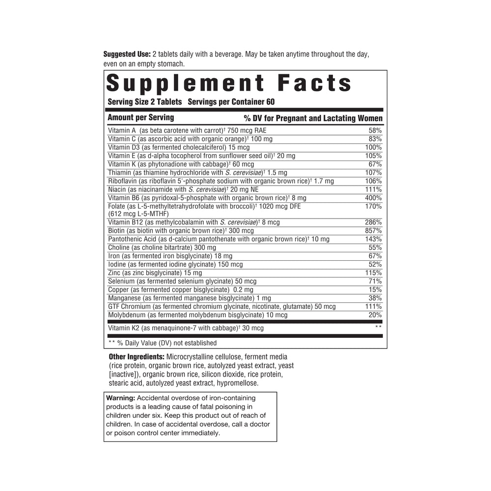 Closeup of Innate Response Baby & Me Multivitamin tablets highlighting methylfolate and choline.