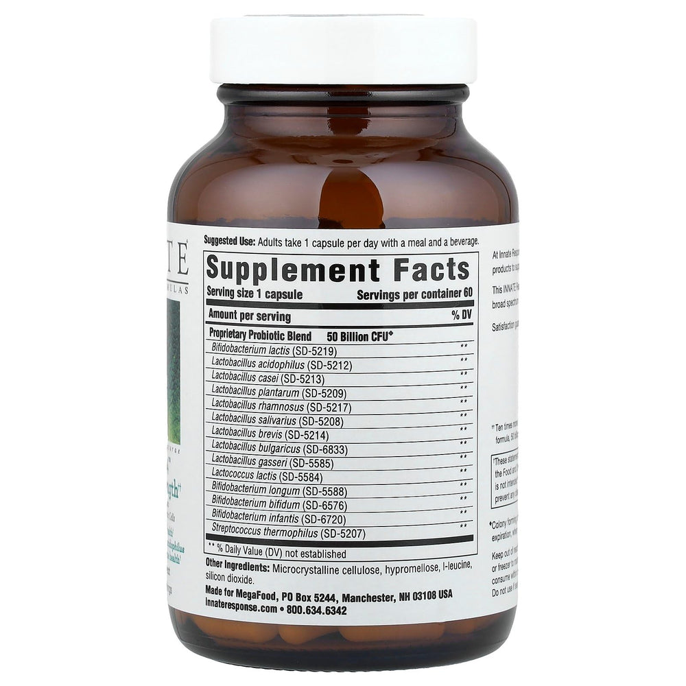 Capsules closeup highlighting 50 billion CFU and 14 probiotic strains for thorough support.