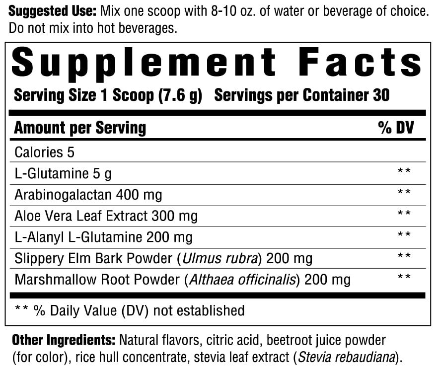 Innate Response Formulas GI Response tub label highlights 5g glutamine per serving for gut support.
