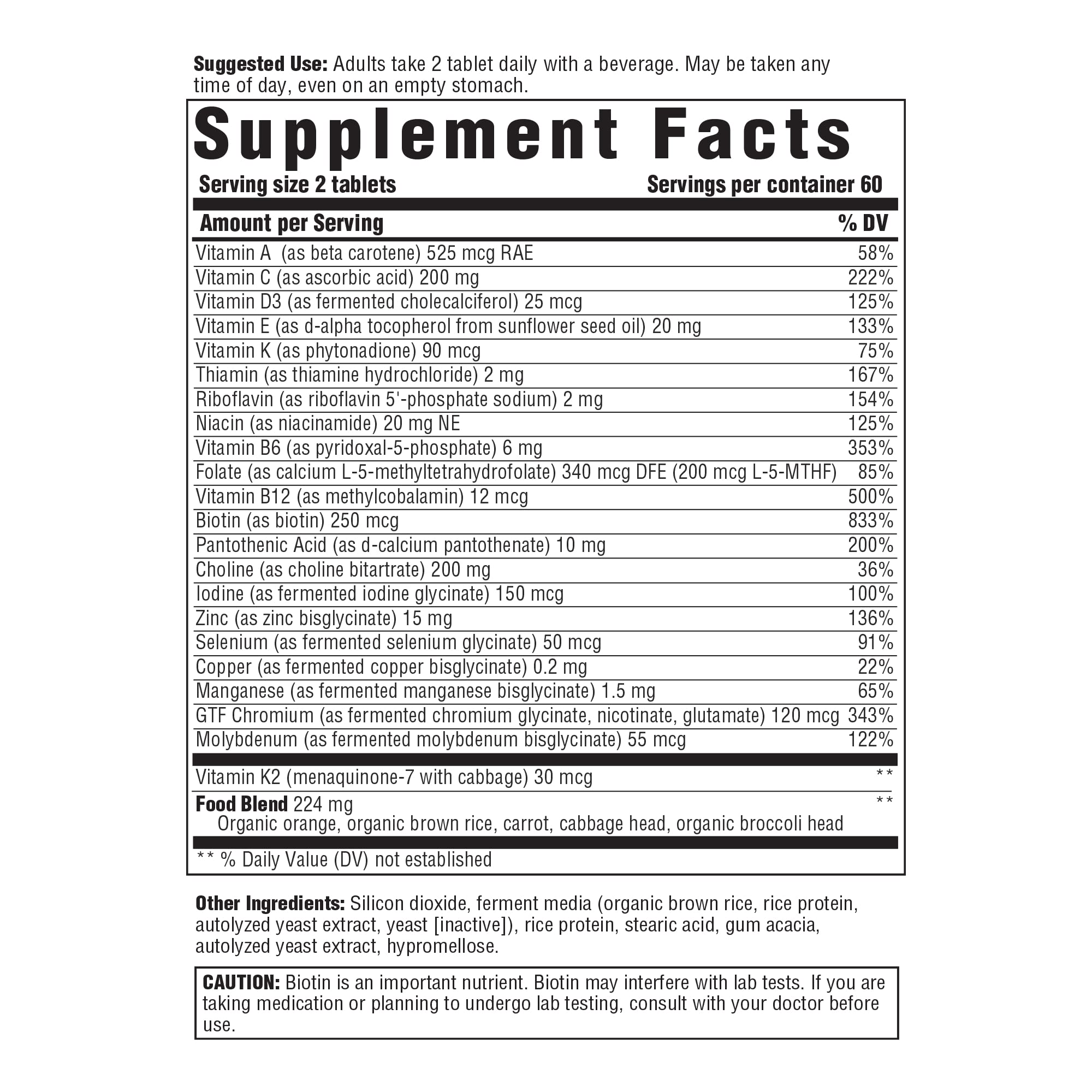 Innate Response Formulas tablets close-up showing two-per-day dosage for vegetarian, iron-free support
