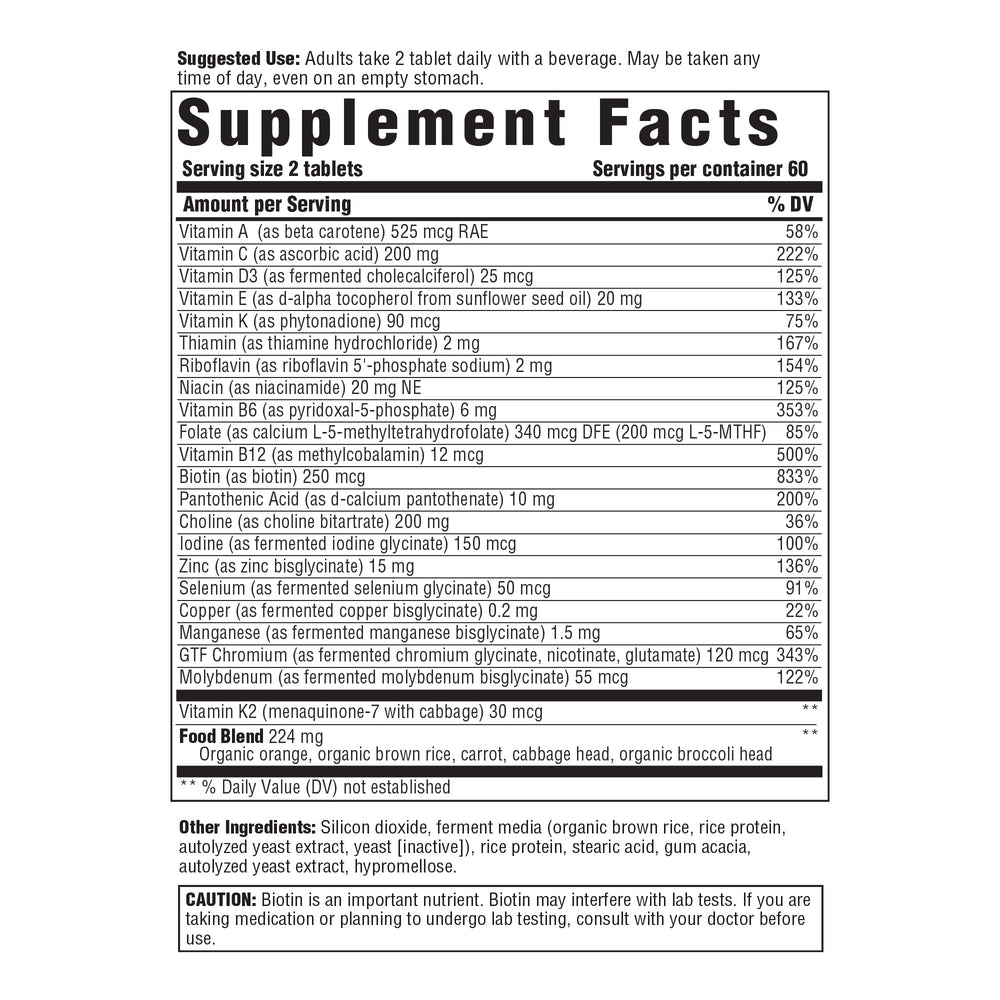Innate Response Formulas tablets close-up showing two-per-day dosage for vegetarian, iron-free support