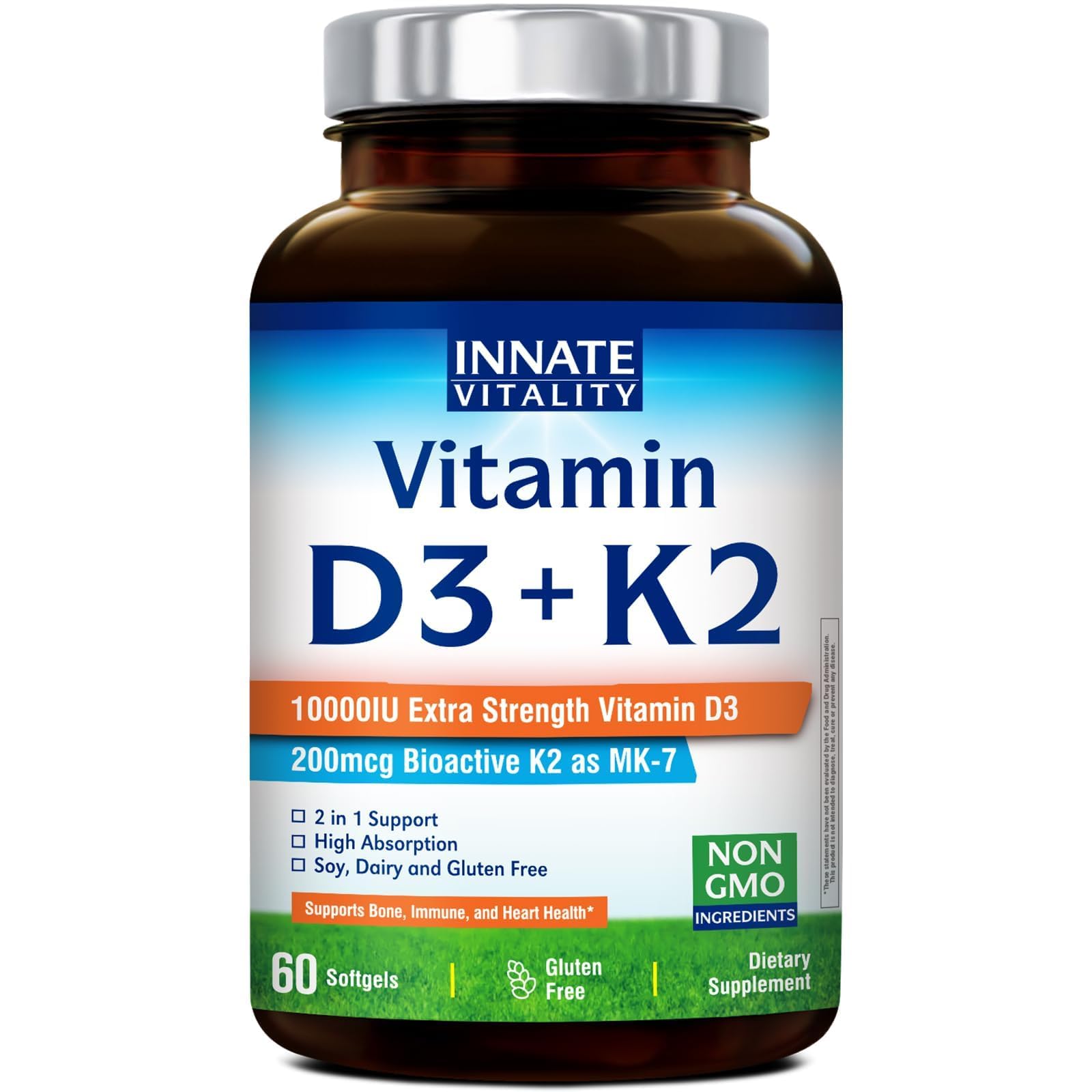 Innate Vitality D3 K2 softgels bottle shows high potency formula for bone health support