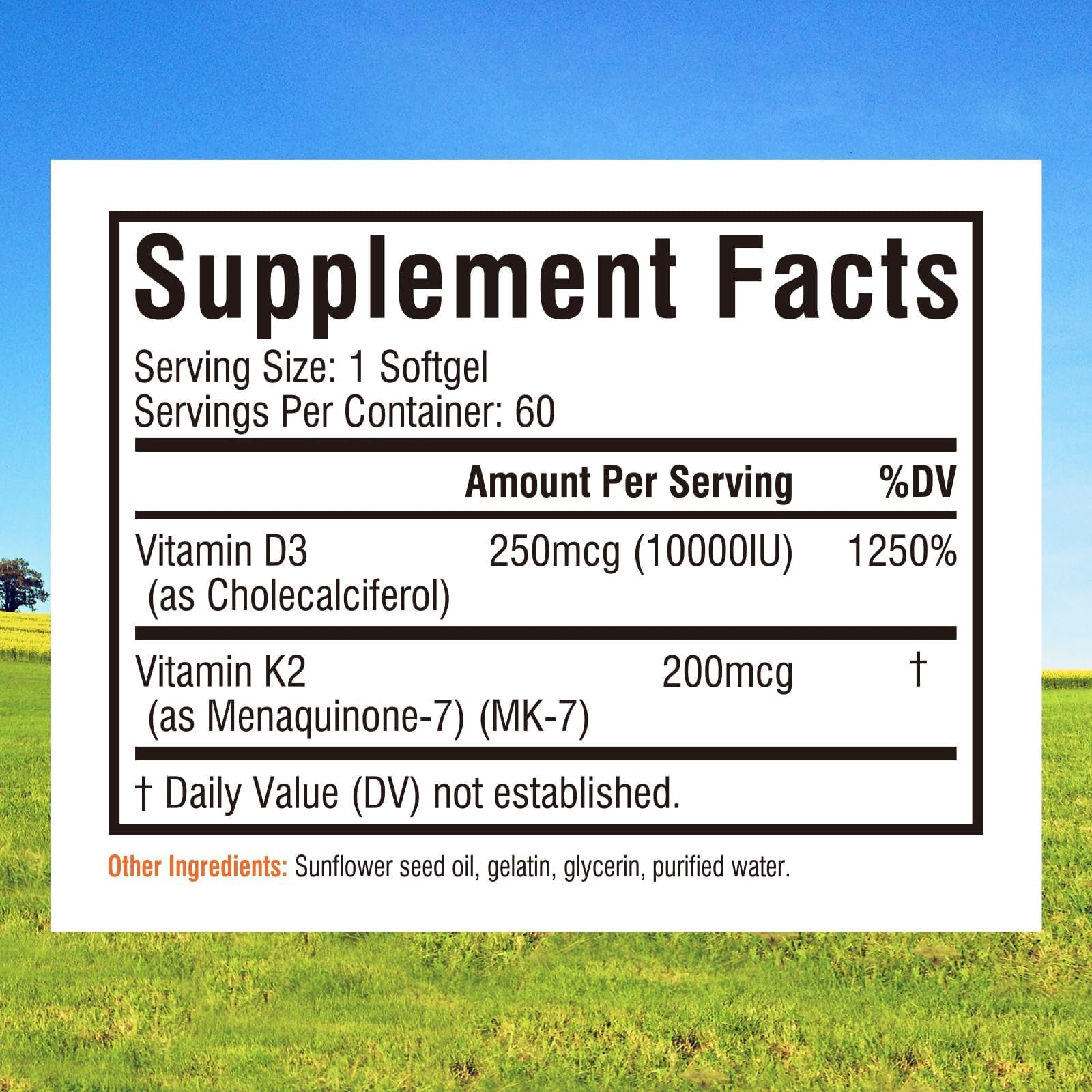 Innate Vitality D3 K2 softgels label highlights sun-derived vitamin power and absorption