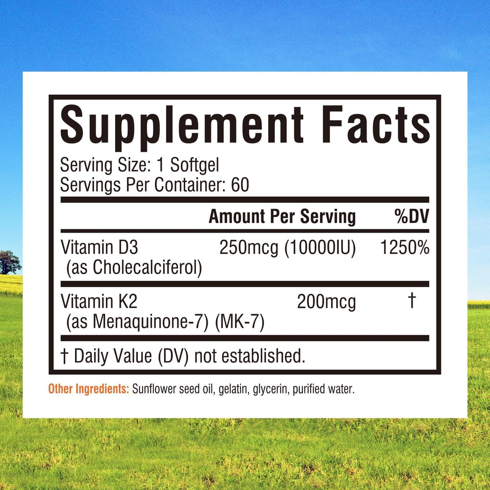 Innate Vitality D3 K2 softgels label highlights sun-derived vitamin power and absorption