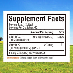 Innate Vitality D3 K2 softgels label highlights sun-derived vitamin power and absorption