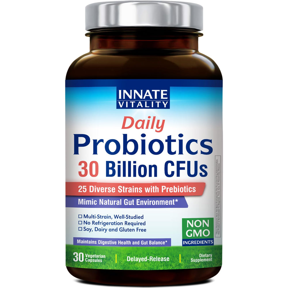 Innate Vitality Daily Probiotics bottle on counter for daily gut support.