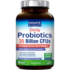 Innate Vitality Daily Probiotics bottle on counter for daily gut support.