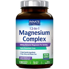 Innate Vitality 12-in-1 magnesium bottle front offers a complete daily wellness supplement