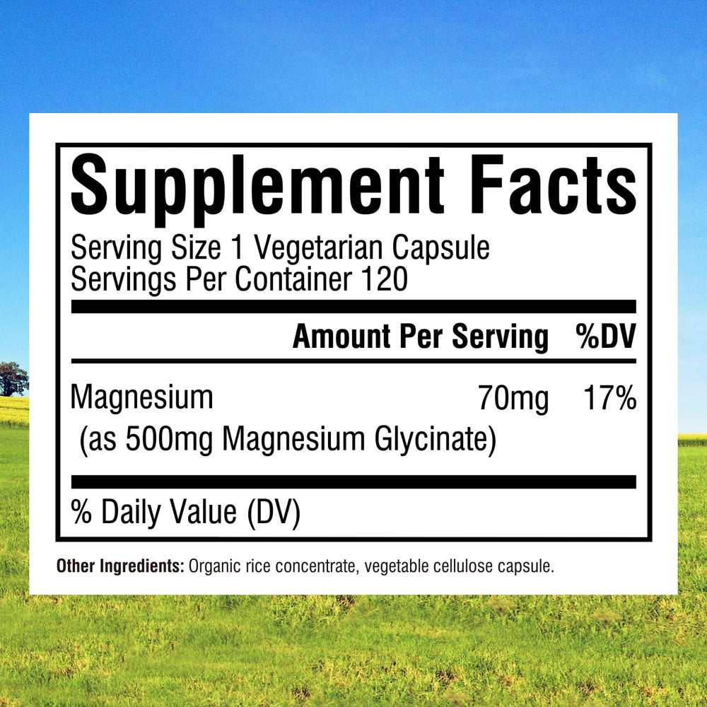 Innate Vitality Magnesium Glycinate 500mg capsule close-up showing chelated form for absorption.