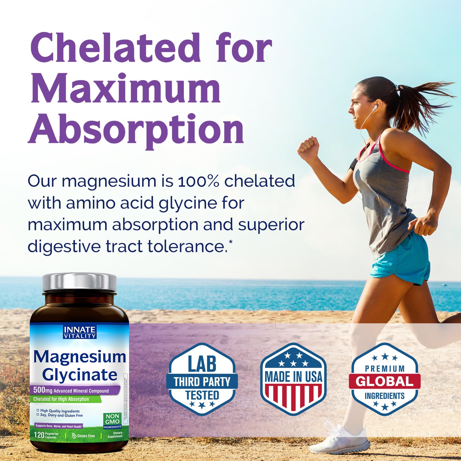 Non-GMO label on Innate Vitality Magnesium Glycinate 500mg bottle.