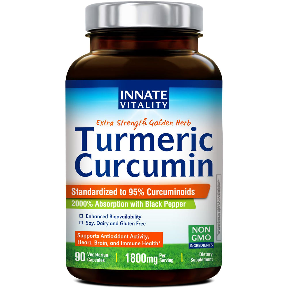 Innate Vitality turmeric bottle with label showing 1800mg potency for daily antioxidant support.