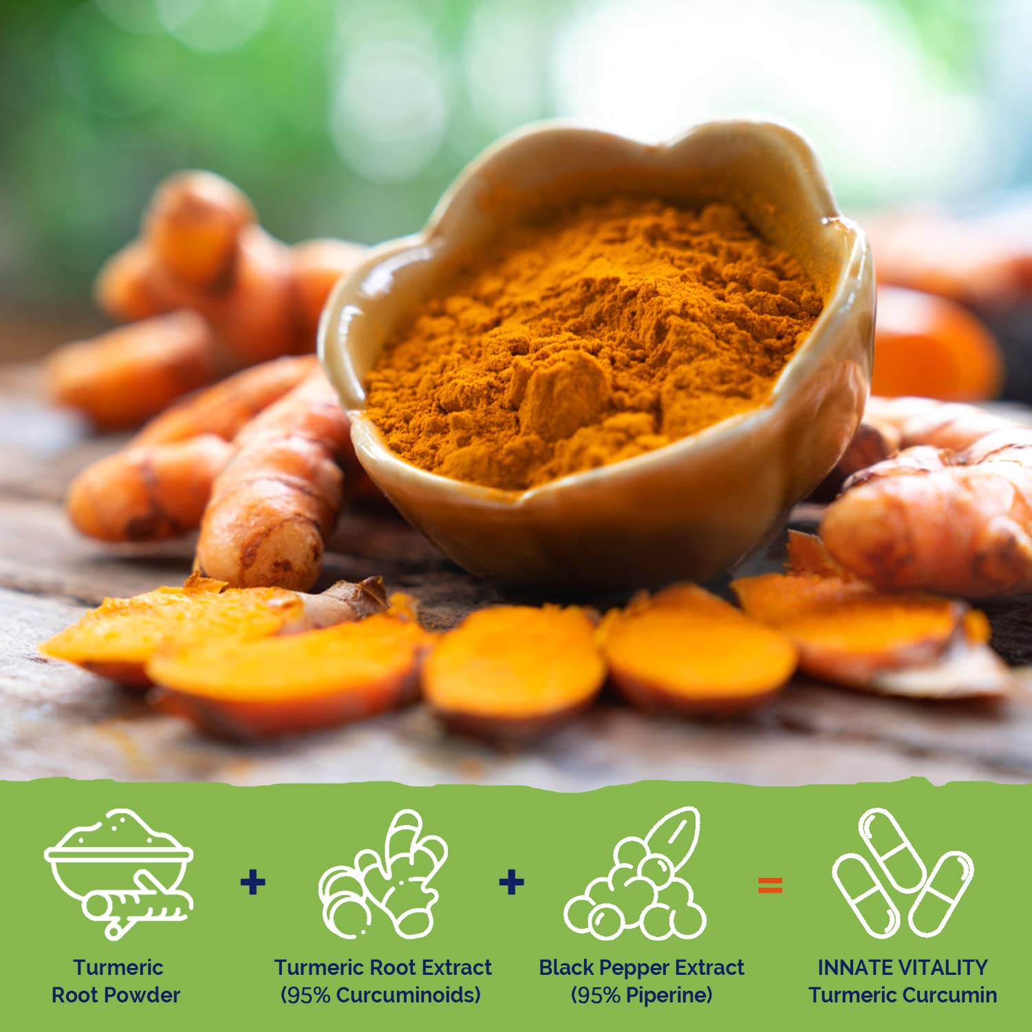 Innate Vitality turmeric powder and extract container highlighting 95% curcuminoids.