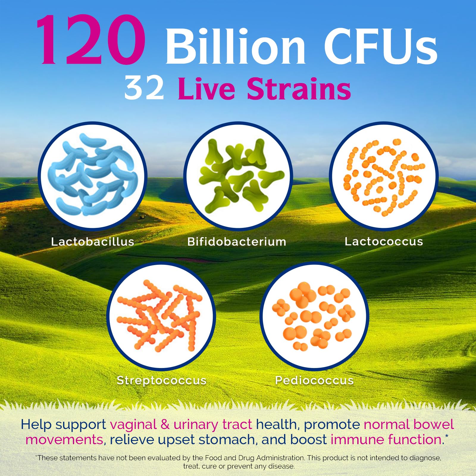 Innate Vitality probiotics label front highlighting 32 strains and 120B CFU.