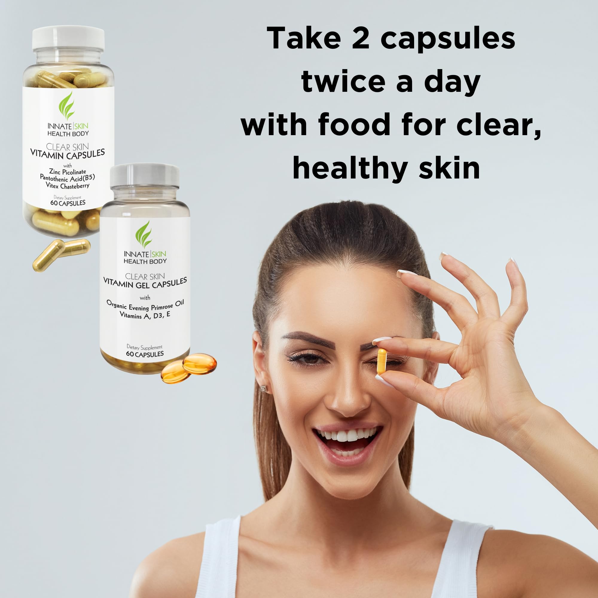 Innate Skin ingredients label on bottle highlights vitamins, minerals, and botanicals.