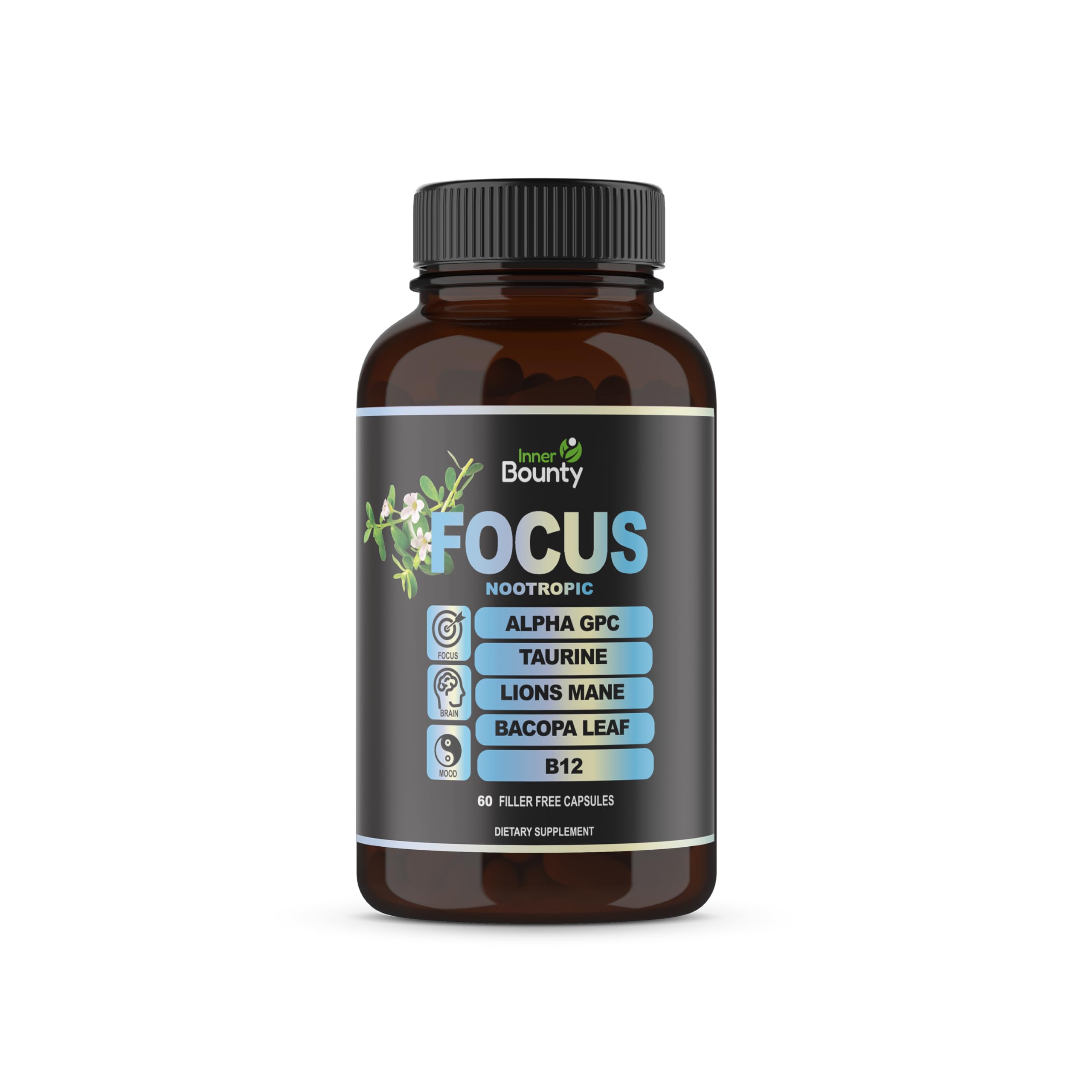 Inner Bounty Focus bottle front view showing the product for daytime focus and energy