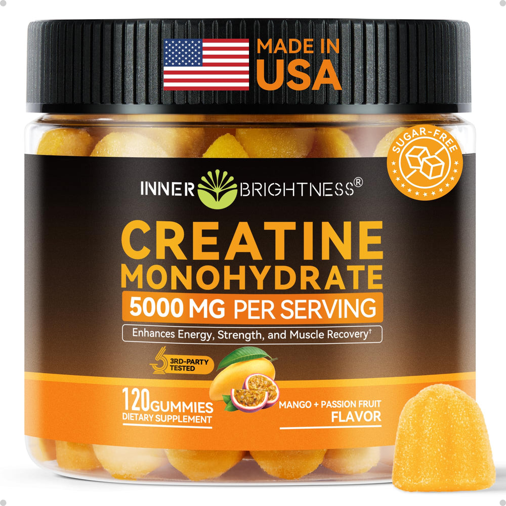 Inner Brightness Creatine Gummies bottle shows 5000mg dose for quick workout support.