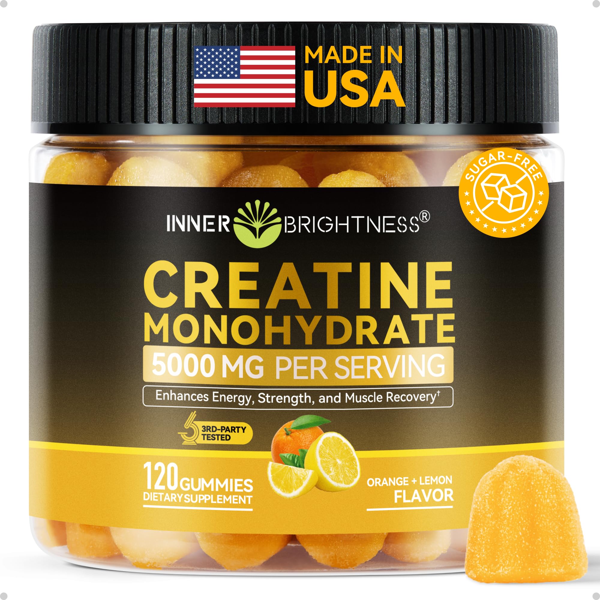 Inner Brightness gummies bottle with orange-lemon flavor for daily energy support