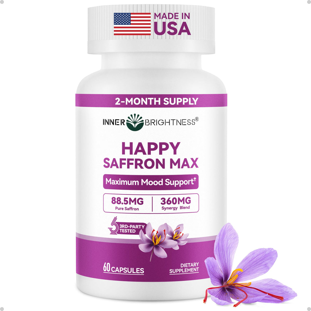 Inner Brightness Happy Saffron Max bottle on shelf supports daily mood balance.
