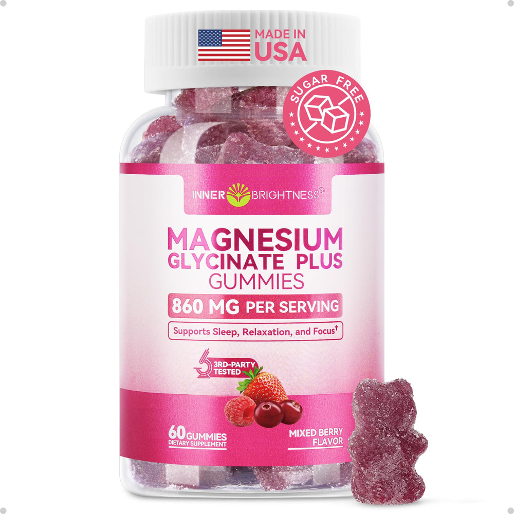 Inner Brightness Magnesium Glycinate Plus Gummies bottle front shows mixed berry flavor for daily relaxation.