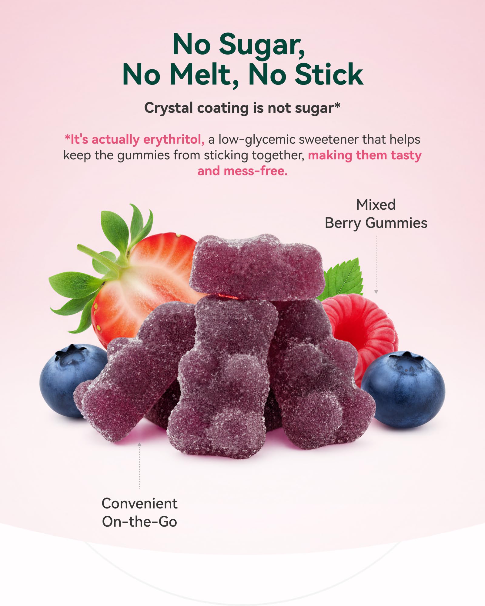 Close-up texture of gummies reveals sugar-free erythritol coating for a clean bite.