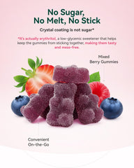 Close-up texture of gummies reveals sugar-free erythritol coating for a clean bite.