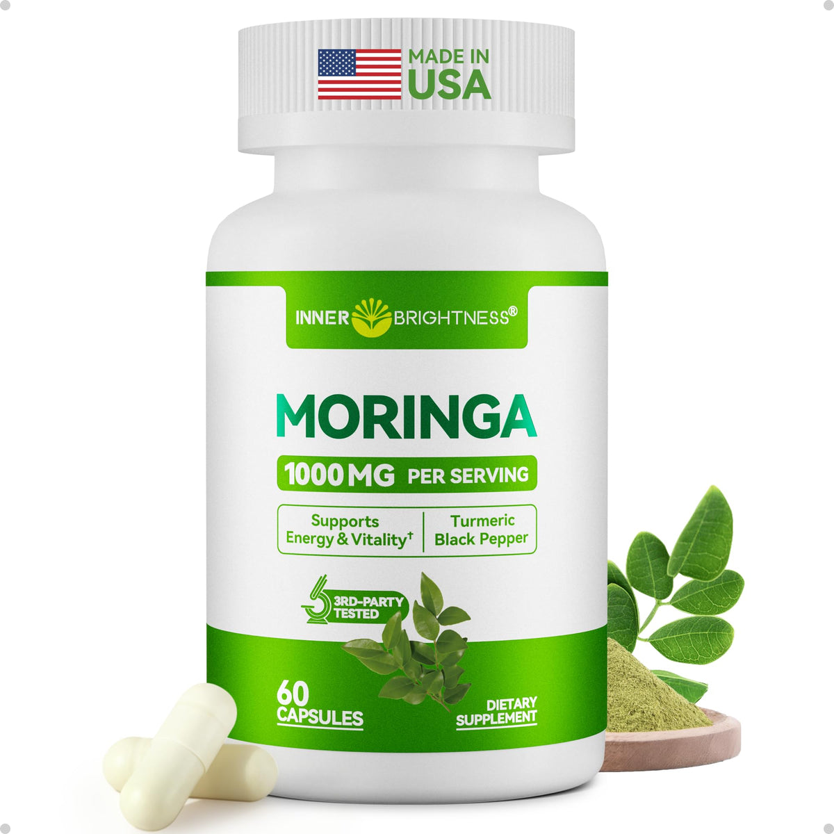 Inner Brightness Moringa bottle emphasizes daily energy and balance.
