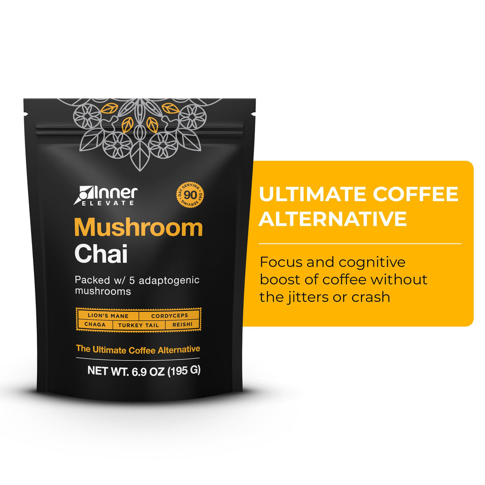 Steaming cup of Inner Elevate Mushroom Chai with warming aroma
