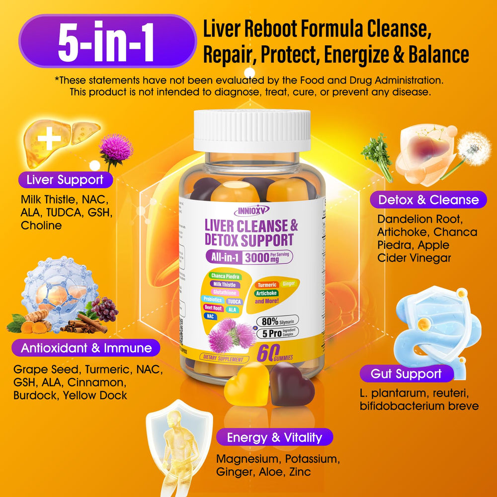 INNIOXV Liver Cleanse Gummies label close-up highlighting 29-in-1 nutrition.