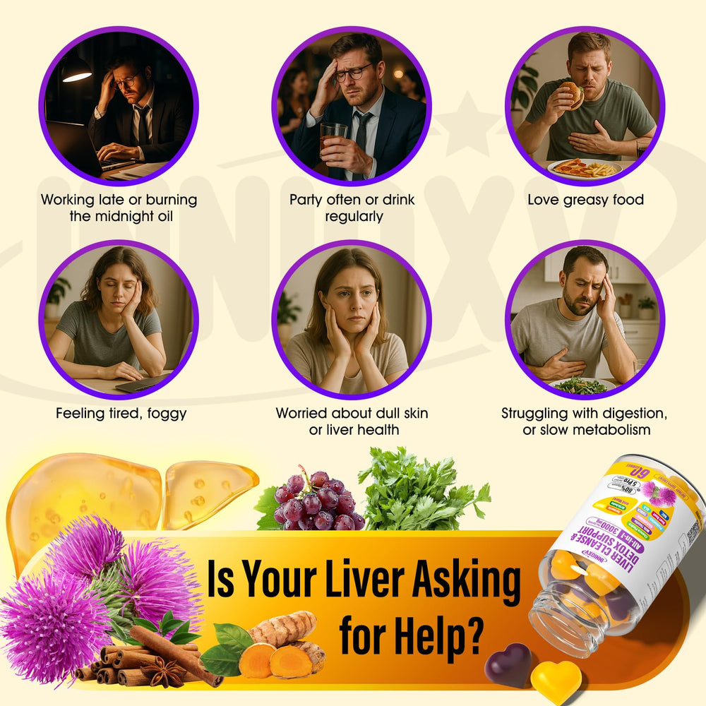 INNIOXV Liver Cleanse Gummies with natural symbols emphasize plant-based ingredients.