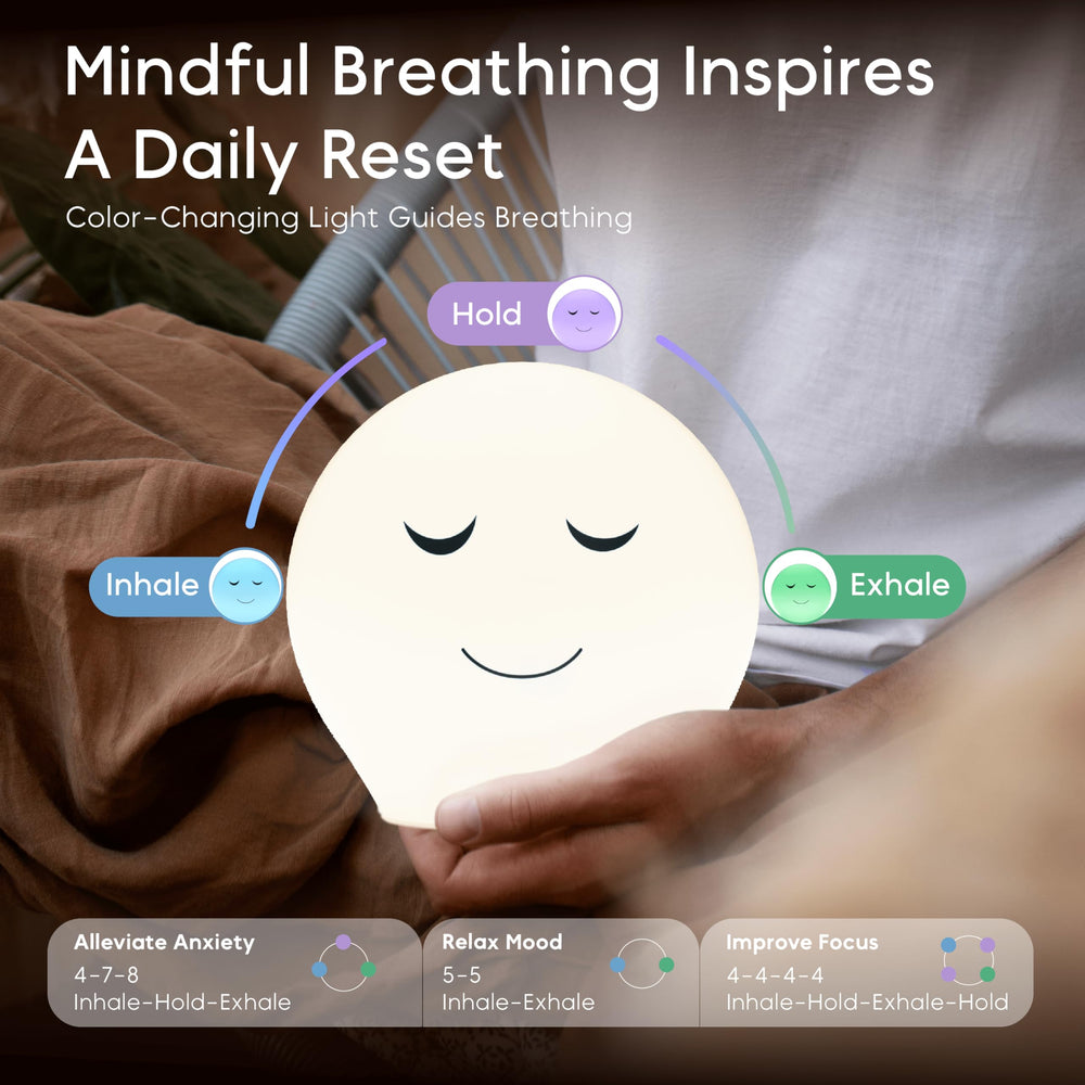 InnoCity Benny bedside setup showing 4-7-8 breathing mode with soft light.