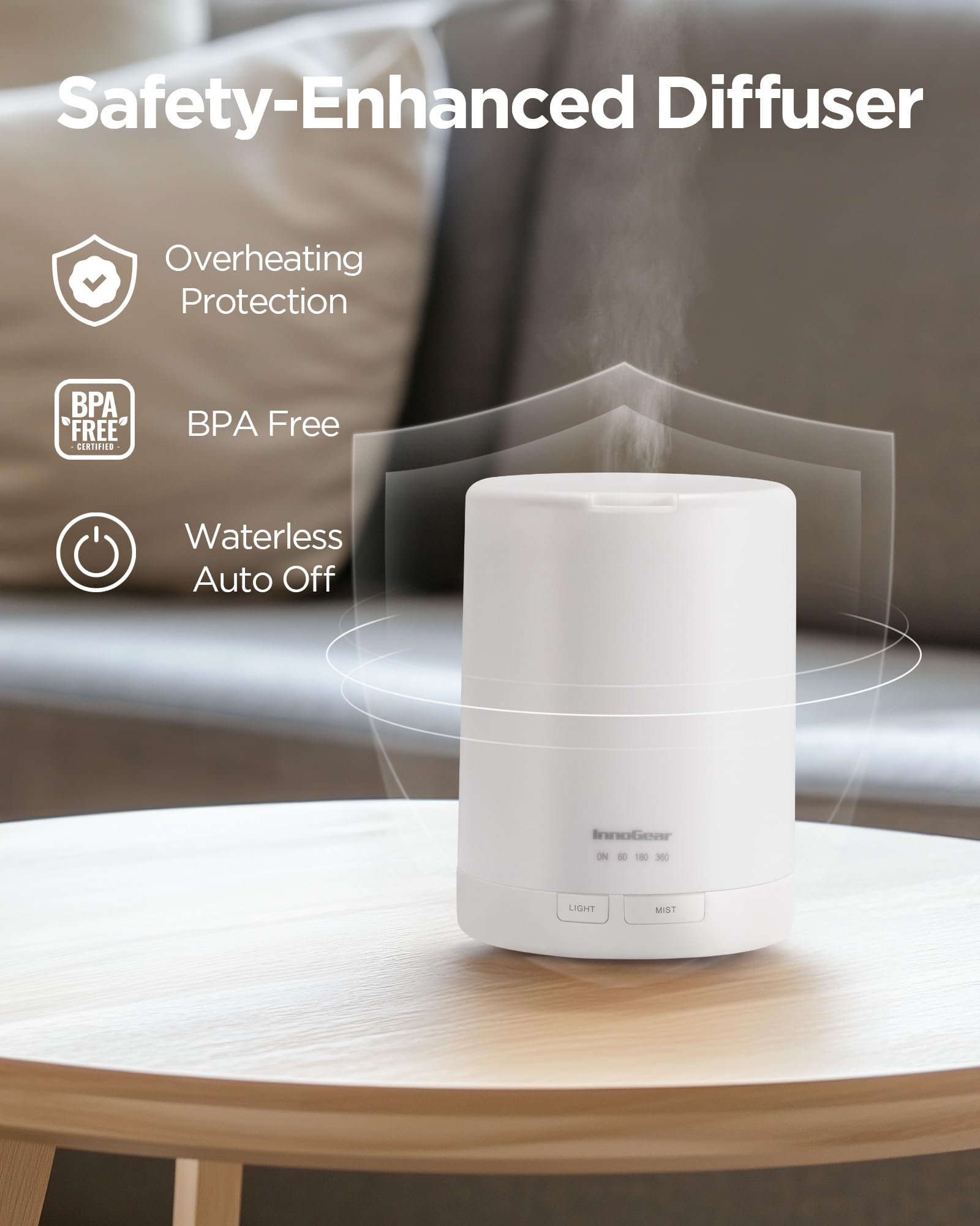 InnoGear 300ml diffuser mist outflow delivering steady aroma diffusion.
