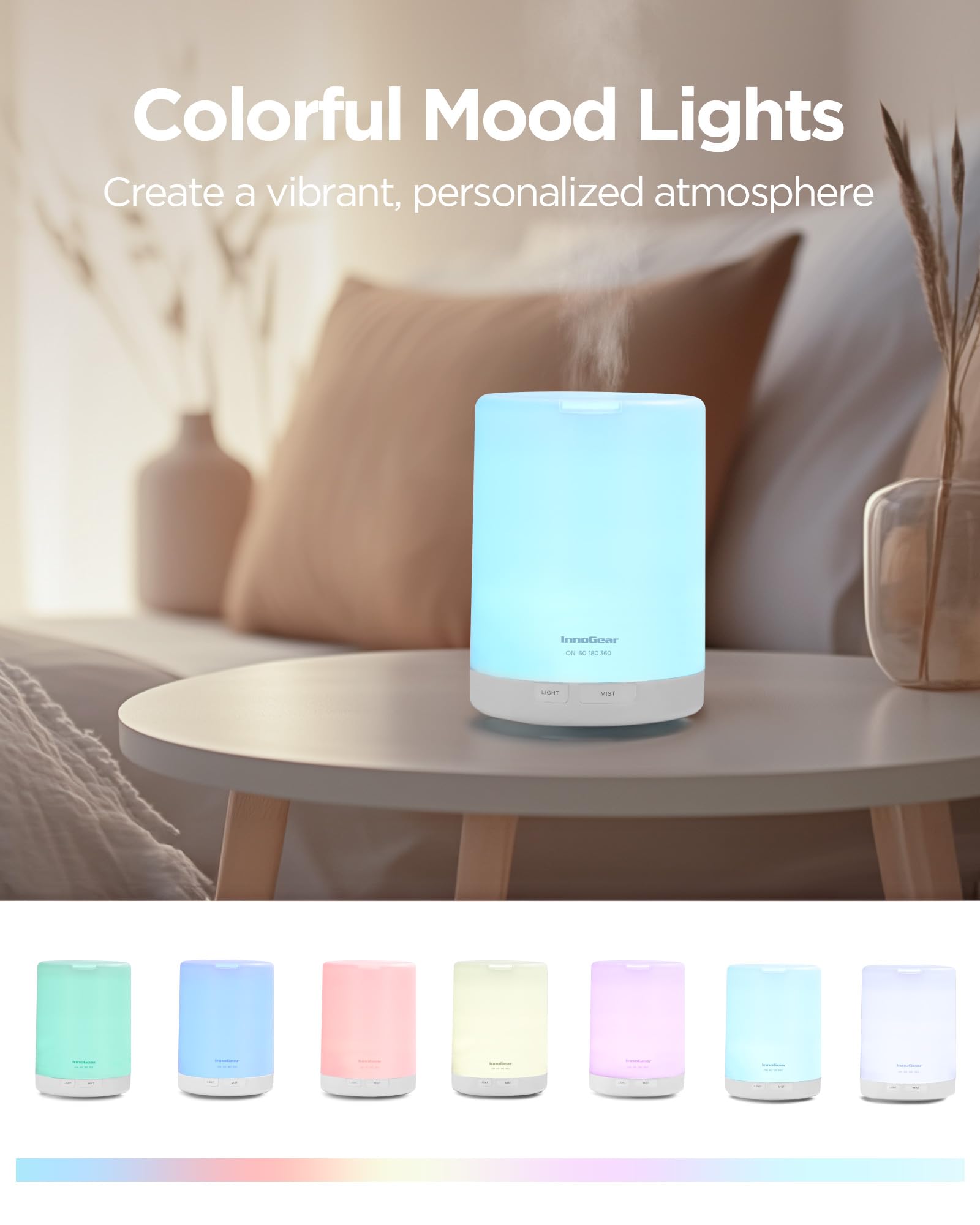 InnoGear 300ml diffuser bedroom scene emphasizing quiet operation for sleep.
