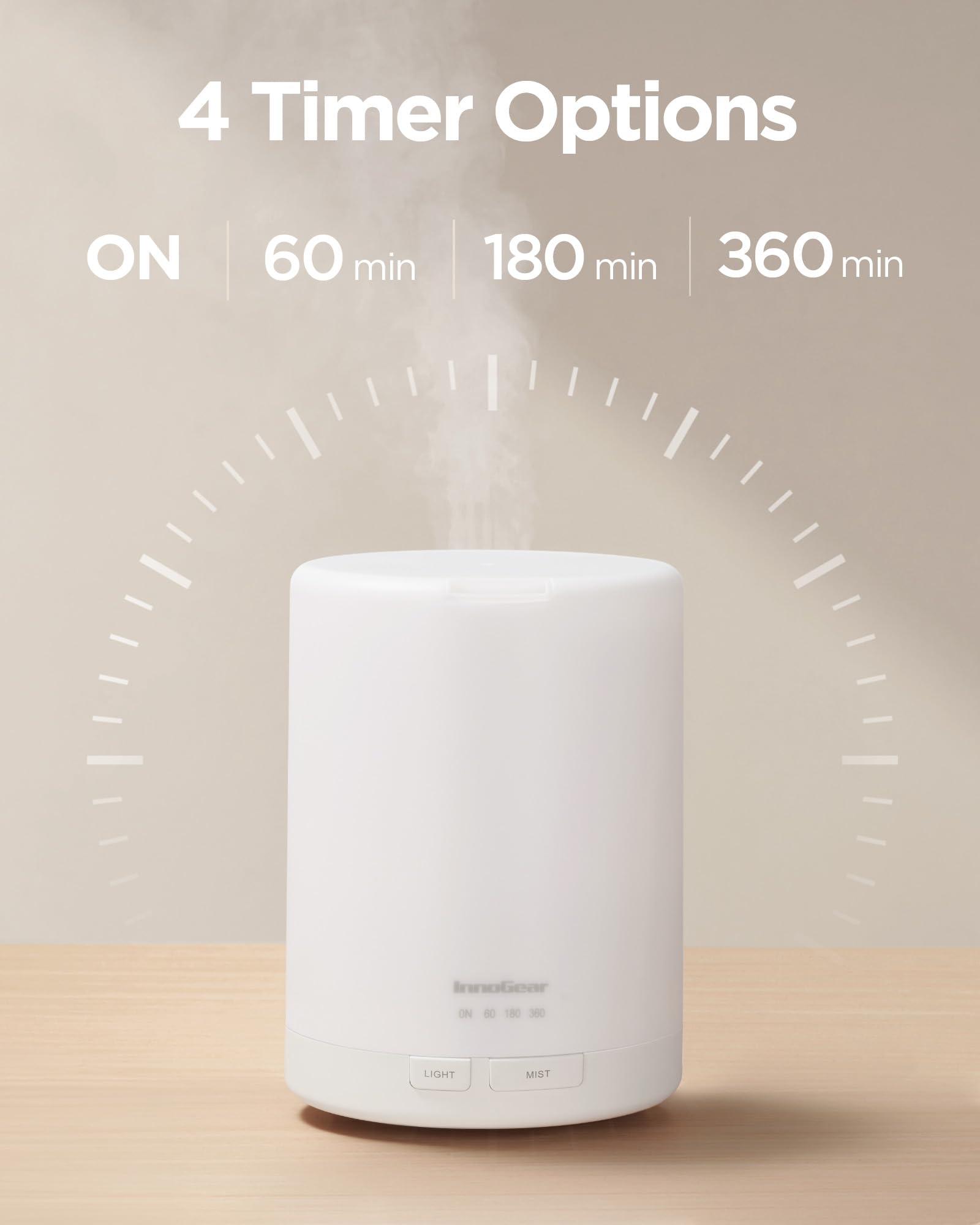 InnoGear 300ml diffuser, top view, easy access to switch timer and modes.