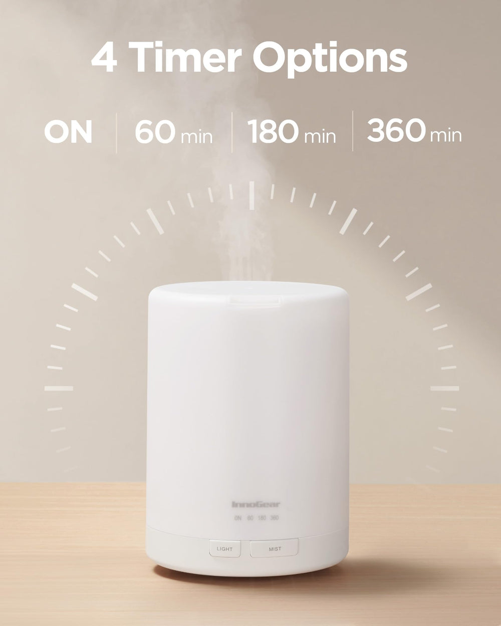 InnoGear 300ml diffuser, top view, easy access to switch timer and modes.