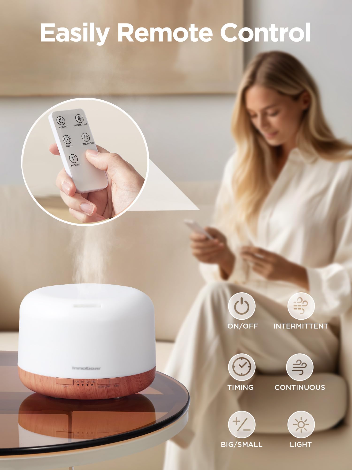 InnoGear diffuser displaying eight ambient lights for mood lighting and relaxation.