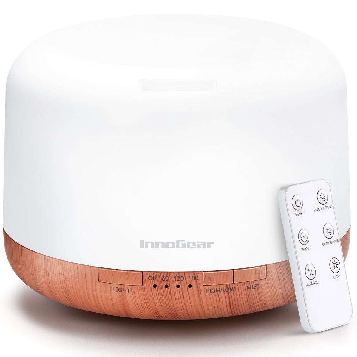 InnoGear 500ml diffuser with remote control; convenient mist and light adjustments from a distance.