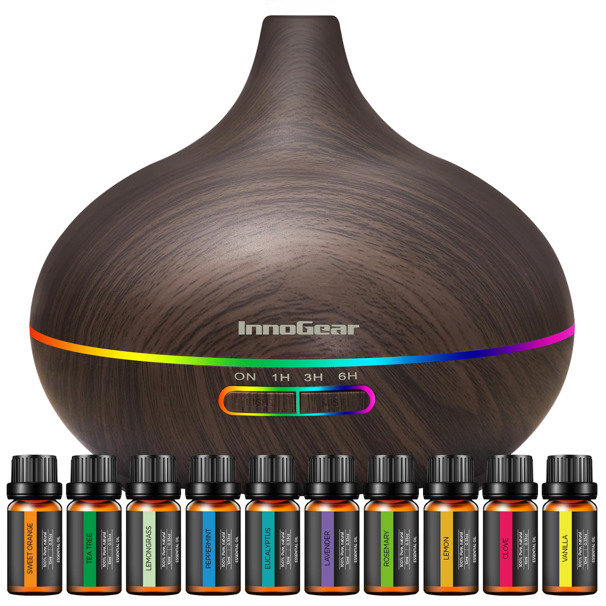 InnoGear diffuser with 400ml dark wood base for extended humidification.