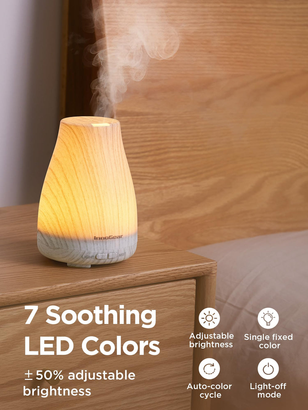 InnoGear compact diffuser design suitable for small rooms up to 250 sq ft.