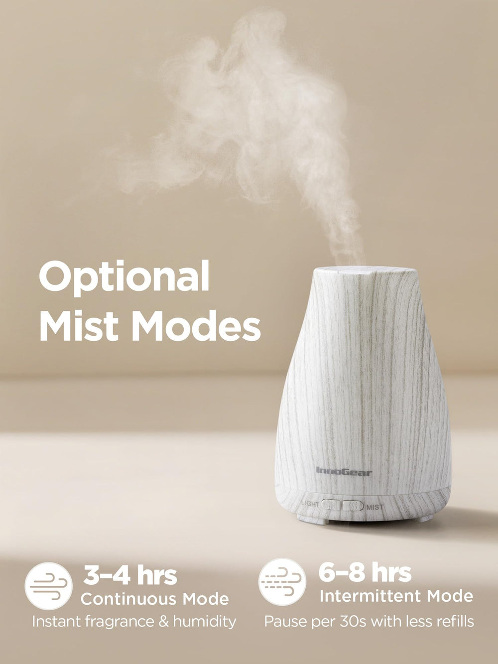InnoGear diffuser in continuous mist mode delivering steady fragrance.