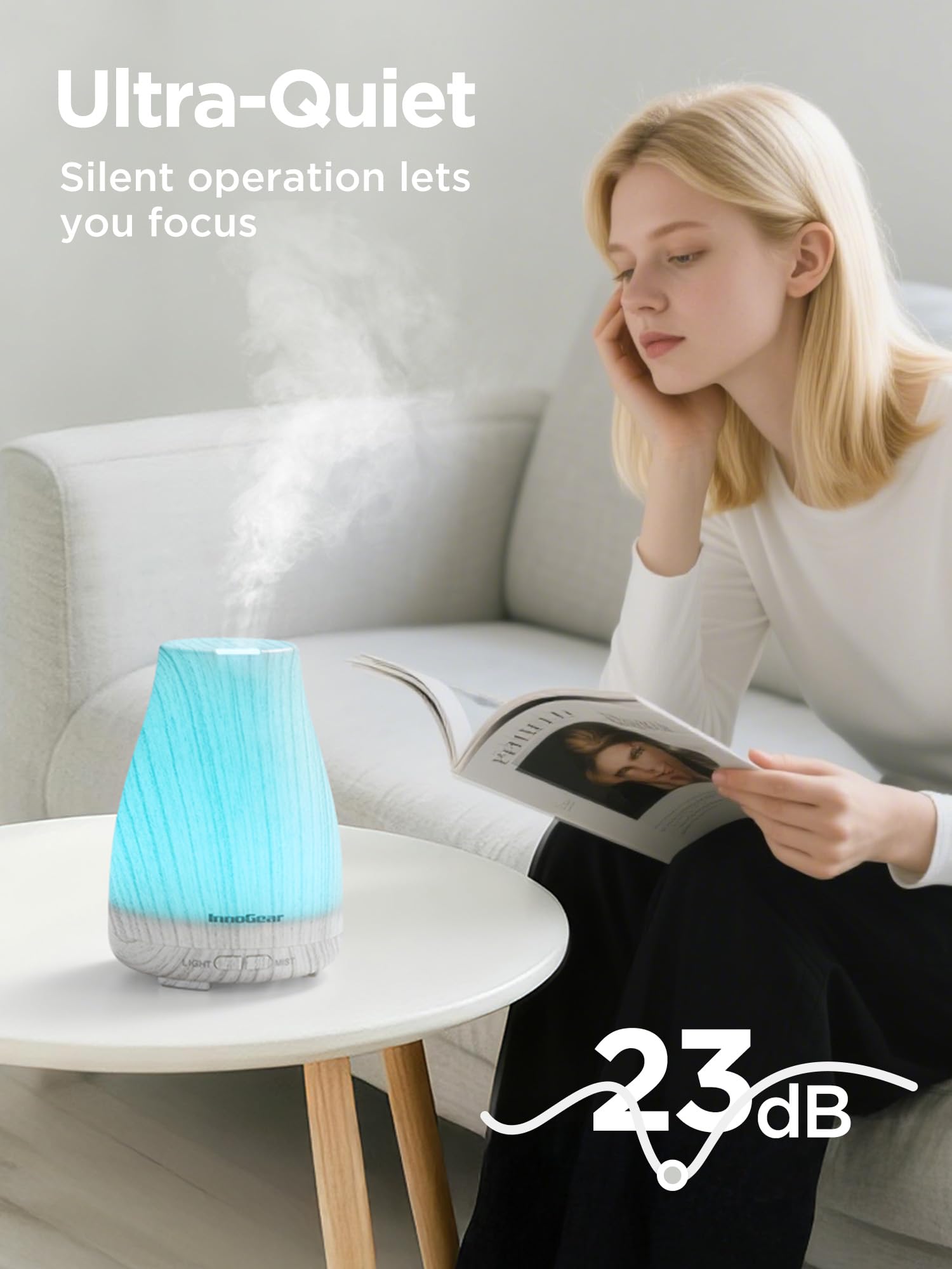 InnoGear diffuser in intermittent mist mode conserving oil while maintaining aroma.