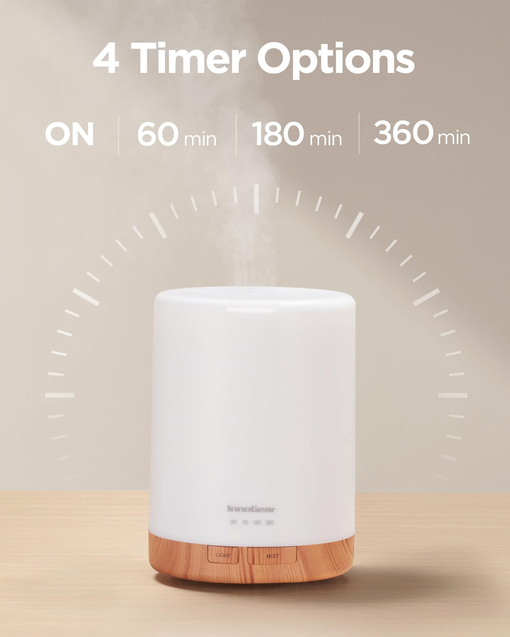 InnoGear diffuser with LED lights showing mood options for relaxing evenings