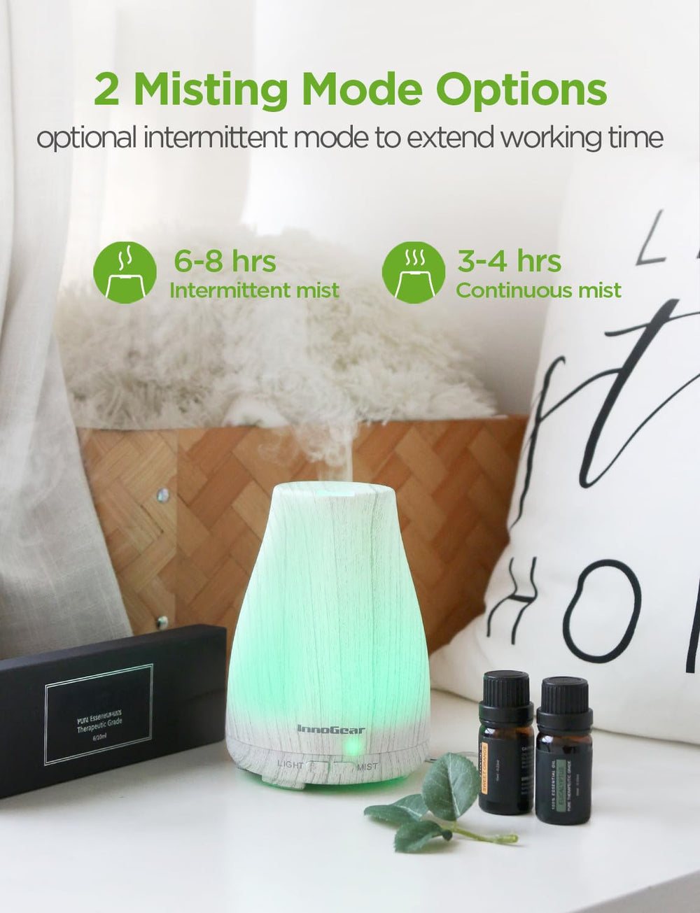 InnoGear diffuser mist output close-up showing ample humidity for a small room