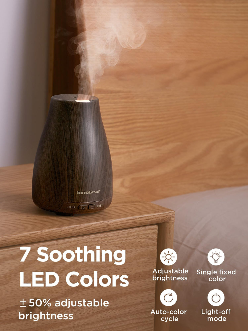 InnoGear diffusers operate quietly, ideal for bedroom use.