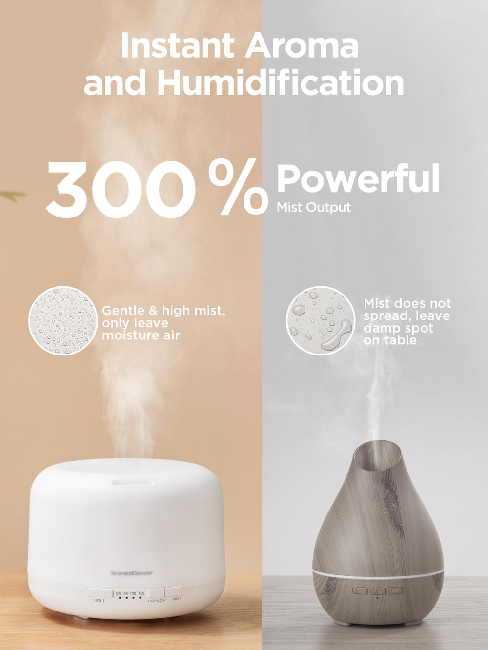 InnoGear diffuser strong mist mode delivering noticeable aroma diffusion.