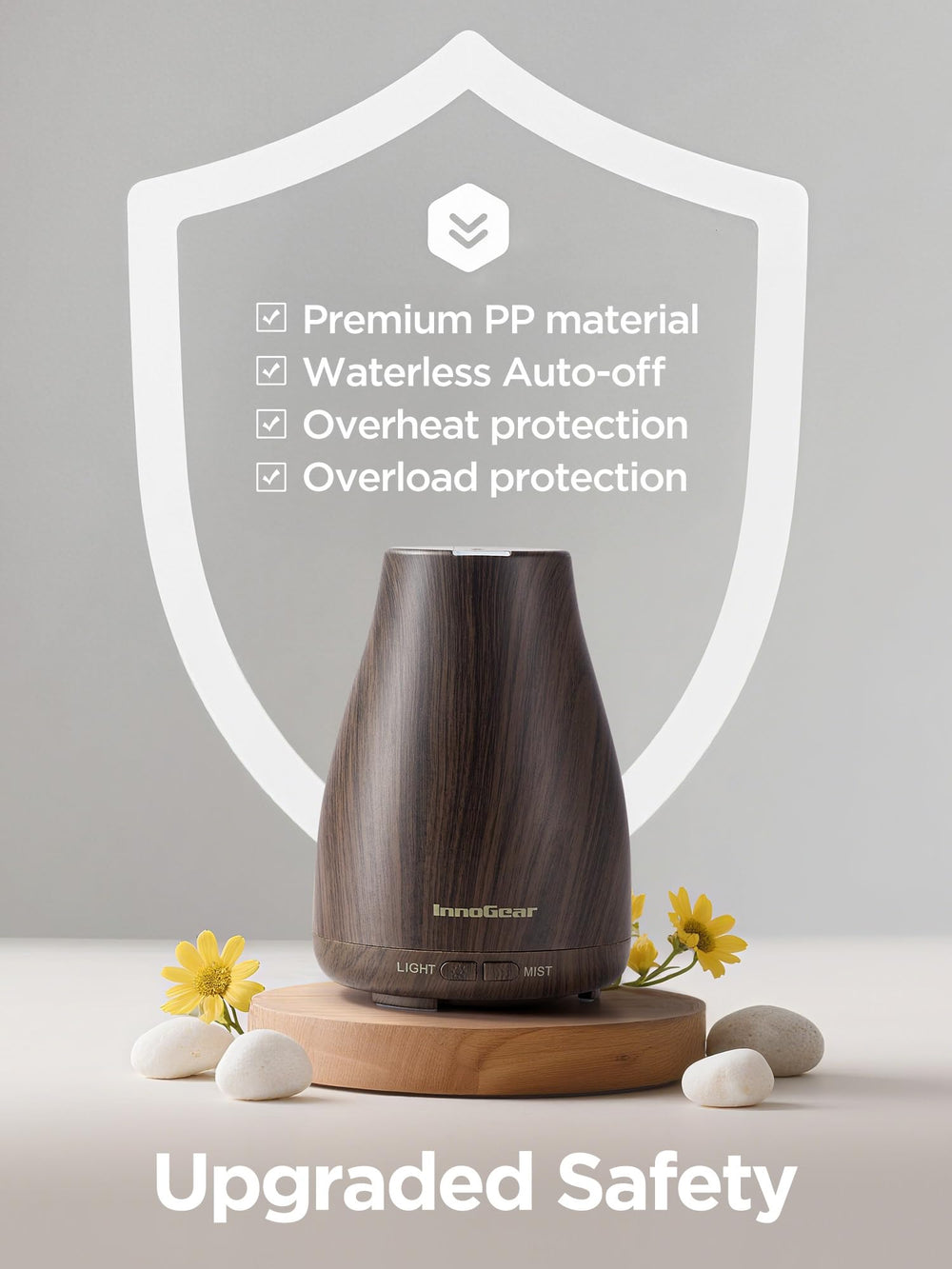 InnoGear diffuser demonstrates waterless auto-off for safe sleep.
