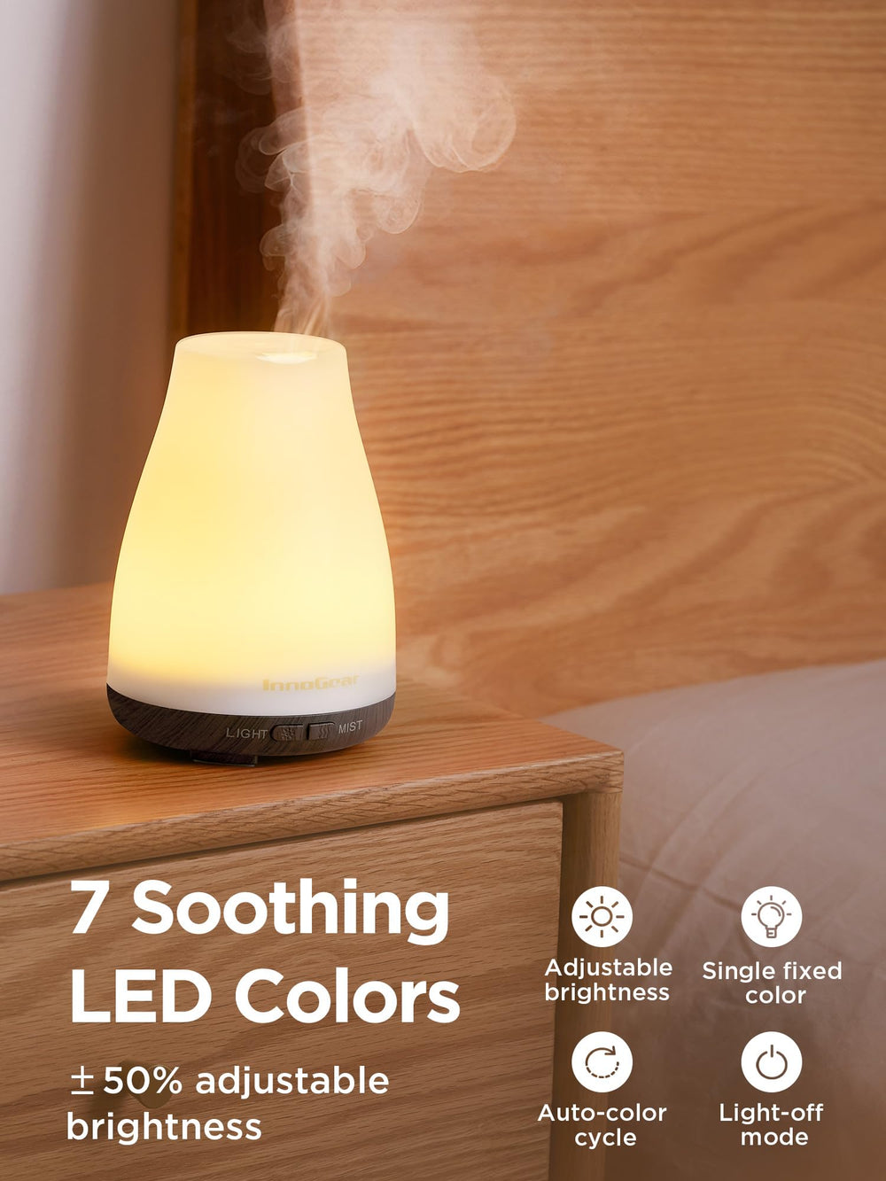 InnoGear diffuser-quiet operation keeps bedrooms peaceful during night use.